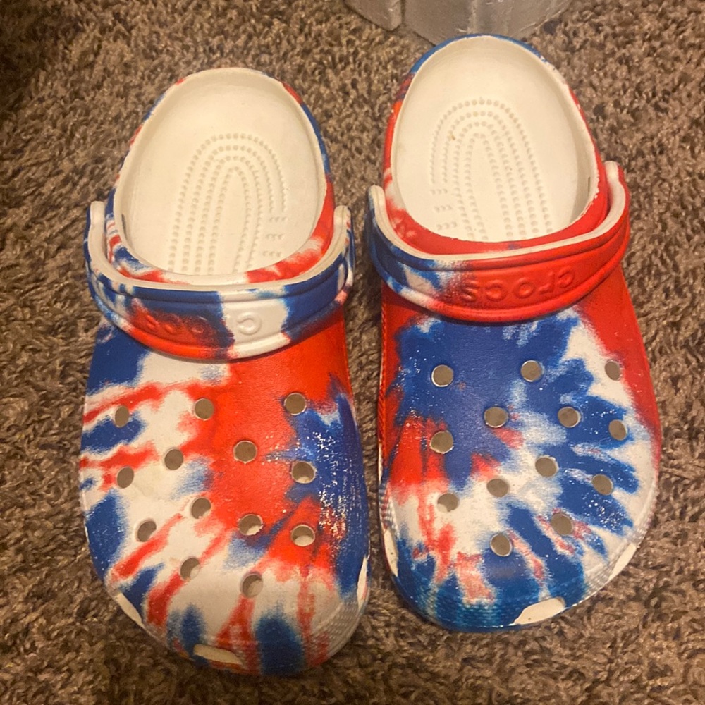 Red white and blue crocs